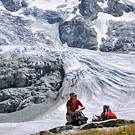 Walkers / Hikers resting with view over the Moiry Glacier in the Pennine Alps, Valais, Switzerland
<BR><BR>More images at www.arterra.be</P>